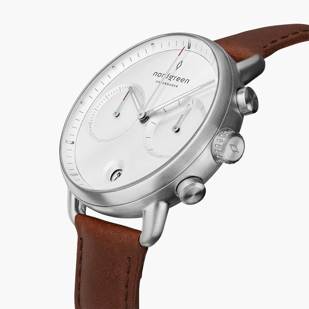 Pioneer - 組合裝 白錶盤 - 月光銀錶殼 | 月光銀三珠精鋼&極夜黑&復古棕錶帶