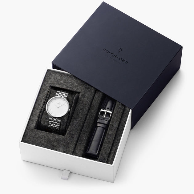 Native - 組合裝 白錶盤 - 月光銀錶殼 | 月光銀五珠精鋼&極夜黑錶帶