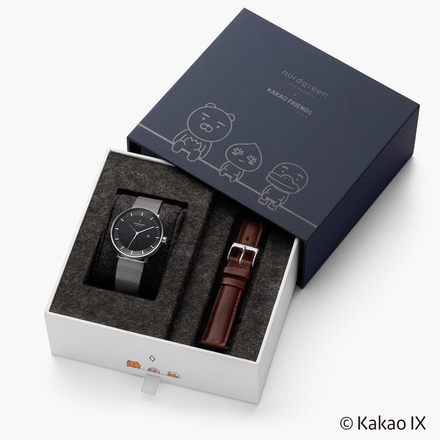 Philosopher Kakao Friends Ryan - 組合裝 黑錶盤 - 月光銀錶殼 | 月光銀&復古棕錶帶