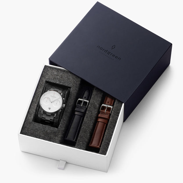 Pioneer - 組合裝 白錶盤 - 深空灰錶殼 | 深空灰三珠精鋼&極夜黑&復古棕錶帶