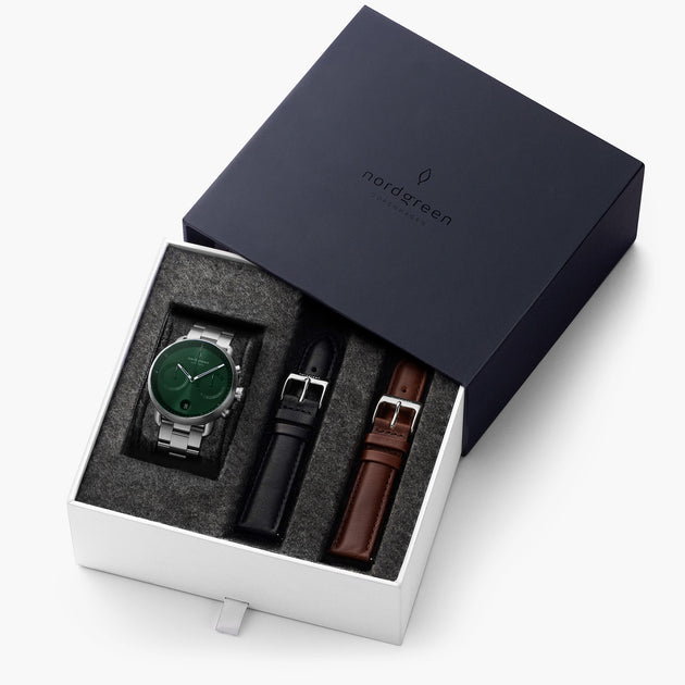 Pioneer - 組合裝 耀綠錶盤 - 月光銀錶殼 | 月光銀三珠精鋼&極夜黑&復古棕錶帶
