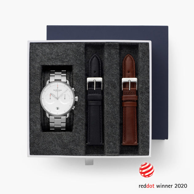 Pioneer - 組合裝 白錶盤 - 月光銀錶殼 | 月光銀三珠精鋼&極夜黑&復古棕錶帶